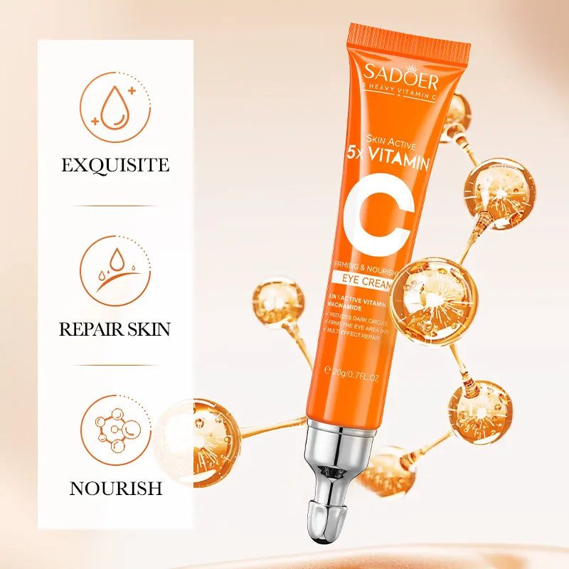 SADOER Vitamin C brightening eye cream tube for puffy eyes, under-eye hydration, and improving a refreshed appearance.