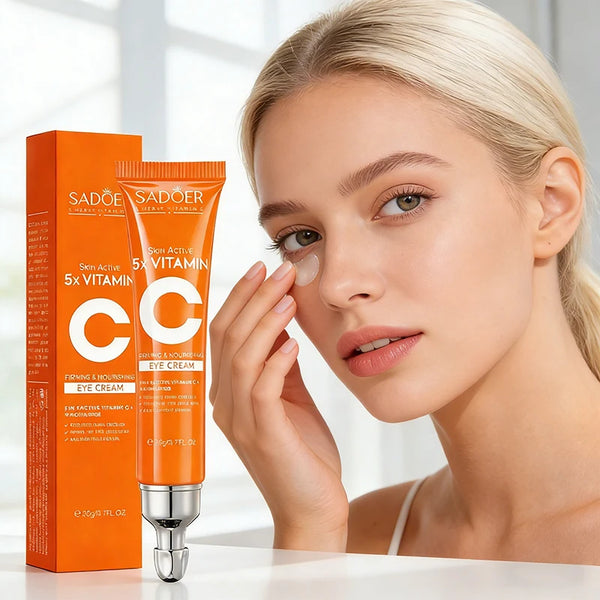 SADOER Vitamin C eye cream tube for reducing dark circles, moisturizing under-eye skin, and daily brightening care.