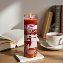 Sagittarius zodiac 7 day prayer candle in tall glass container for meditation, manifestation, and devotional practice.