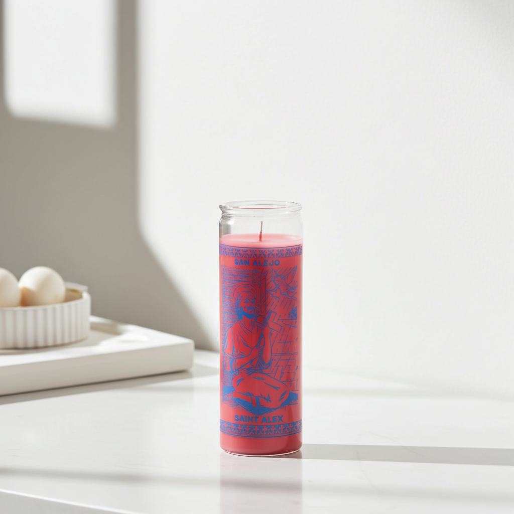 Saint Alex pink 7 day candle in tall glass container for novena prayer, spiritual focus, and devotional practice.