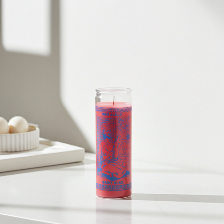 Saint Alex pink 7 day candle in tall glass container for novena prayer, spiritual focus, and devotional practice.