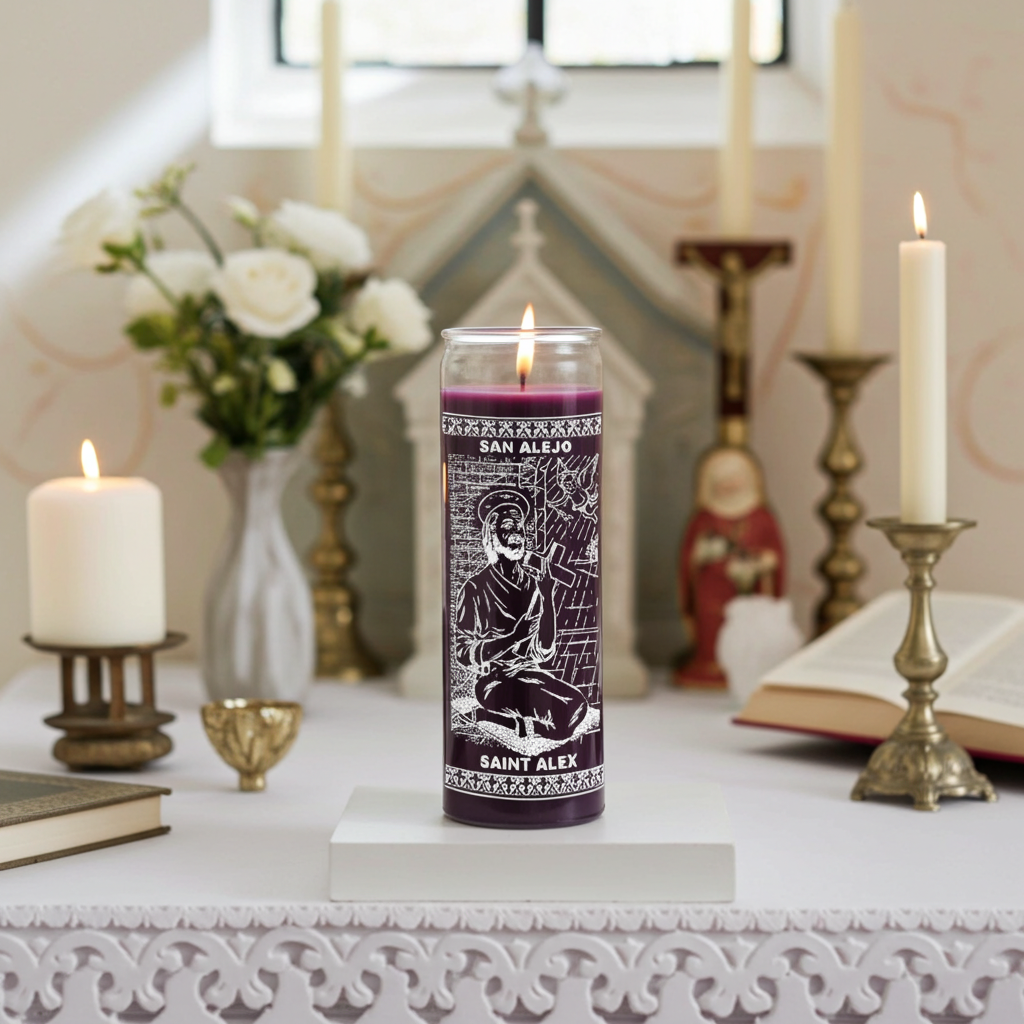 Saint Alex 7 day prayer candle in purple glass container for altar use, prayer, and devotional rituals.