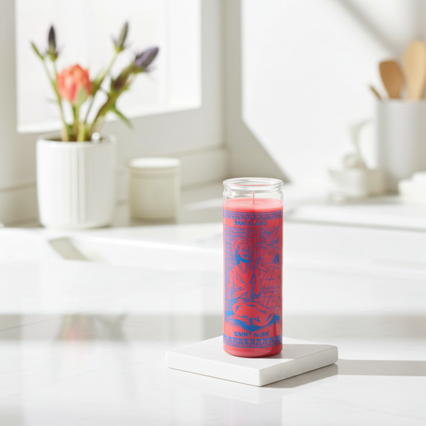 Saint Alex pink 1 color 7 day candle in glass jar for prayer, devotion, and spiritual altar use.