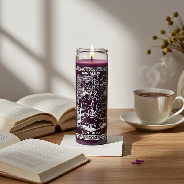 Saint Alex purple 1 color 7 day candle in glass jar for prayer, devotion, and spiritual practice.