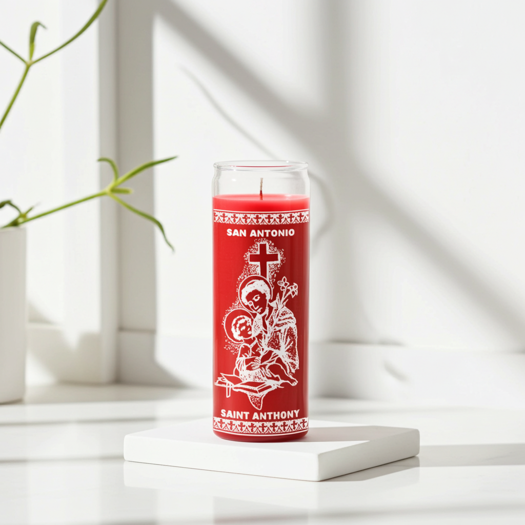 Saint Anthony 7 day red prayer candle in tall glass container for novena prayer, petition work, and daily devotion.