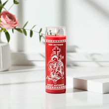 Saint Anthony red 7 day candle in glass jar for prayer, devotional use, and spiritual altar rituals.