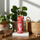 Saint Barbara 1 color red prayer candle in tall glass container for novena prayer and devotional practice.