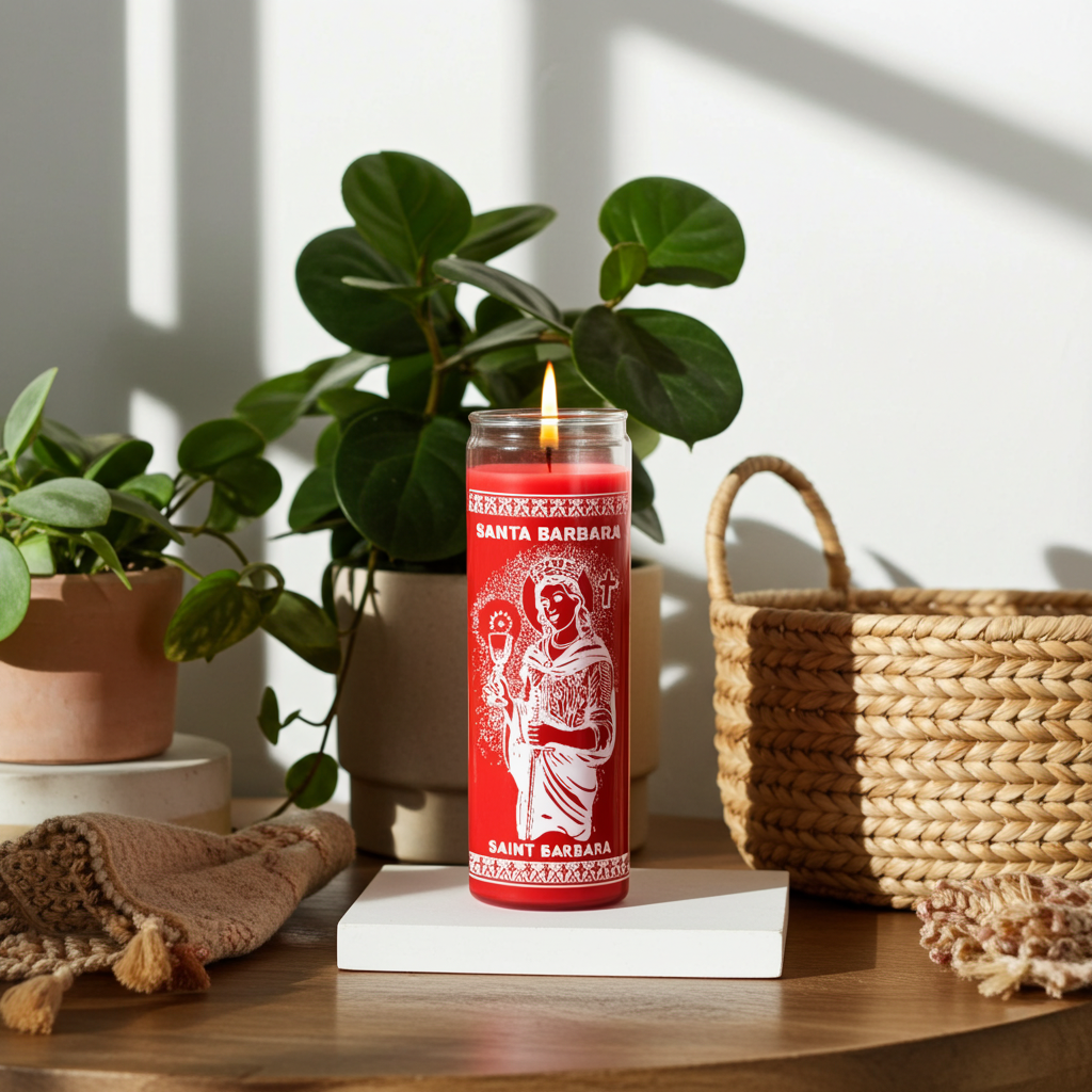 Saint Barbara 1 color red prayer candle in tall glass container for novena prayer and devotional practice.
