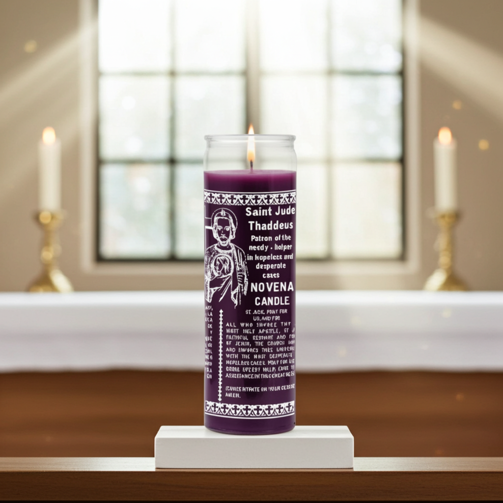 Saint Jude 7-day prayer candle in a purple glass jar for devotional use, healing intention, and peaceful reflection.