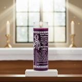 Saint Jude 7-day prayer candle in a purple glass jar for devotional use, healing intention, and peaceful reflection.