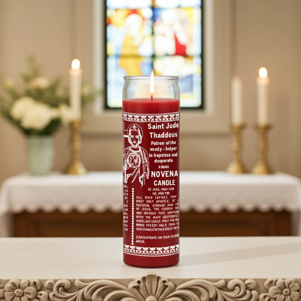 Saint Jude prayer candle in glass jar for seeking help, blessings, and spiritual support.