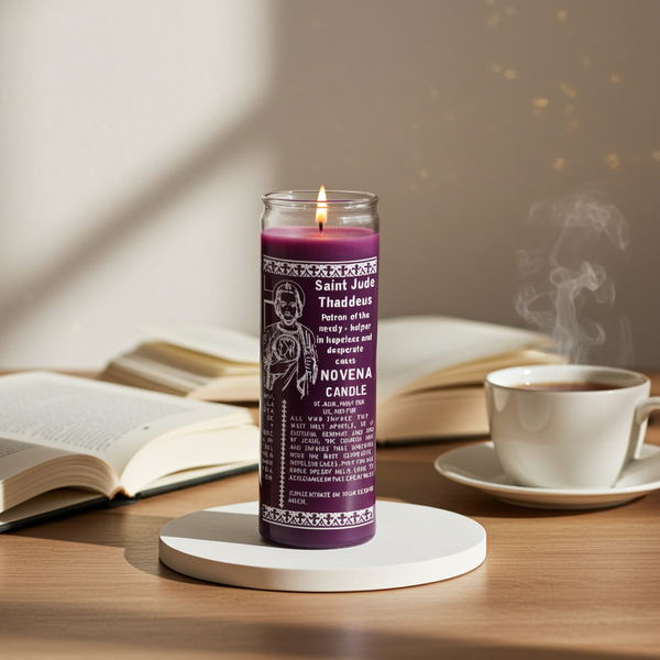 Saint Jude purple 7-day candle glass jar candle for healing prayer, peace rituals, and spiritual balance.