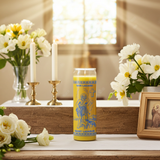 Saint Lazaro yellow devotional 7-day candle in glass container for healing prayers, hope, and uplifting altar work.