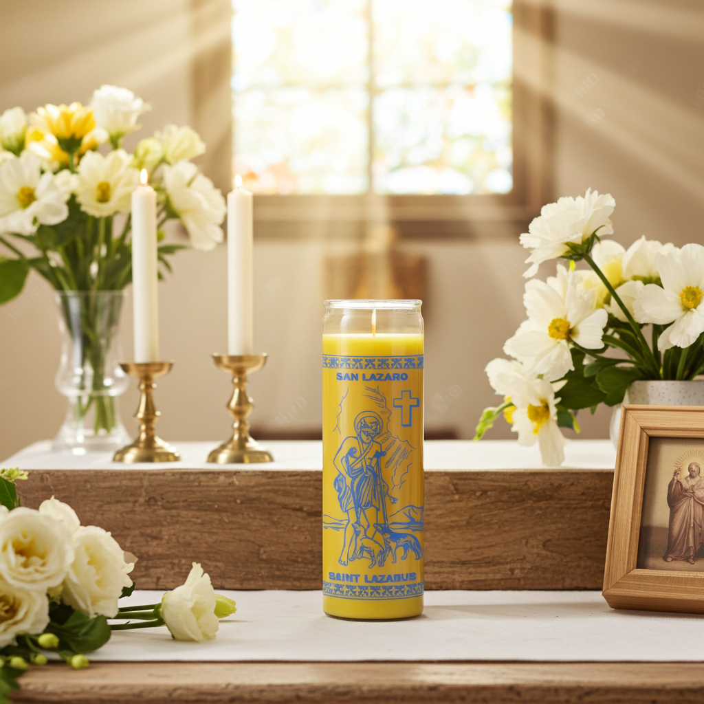 Saint Lazaro yellow devotional 7-day candle in glass container for healing prayers, hope, and uplifting altar work.