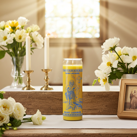 Saint Lazaro yellow devotional 7-day candle in glass container for healing prayers, hope, and uplifting altar work.