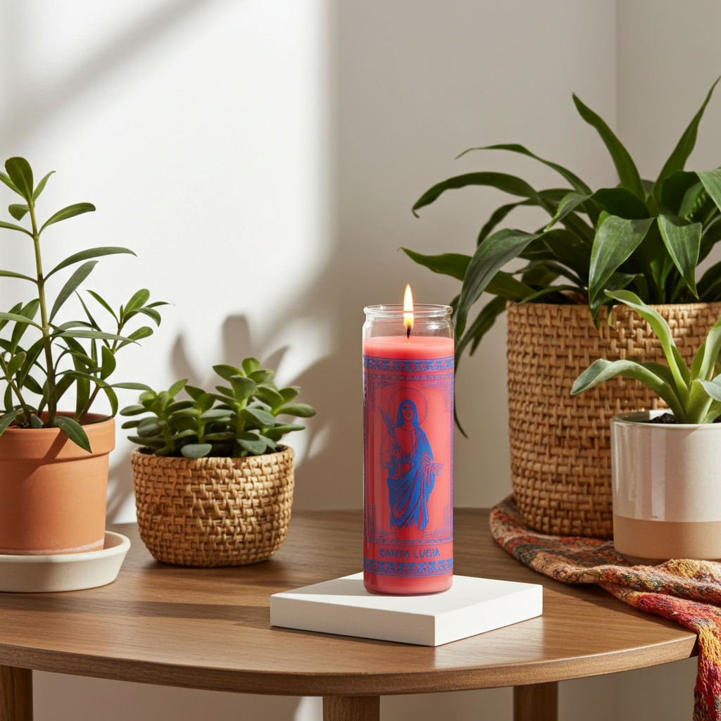 Saint Lucy Pink 7-Day Candle devotional glass candle for prayer, love intentions, peace, and joyful spiritual practice.