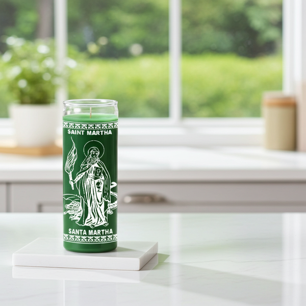 Saint Martha Green 7-Day Candle glass prayer candle for strength, protection, and spiritual devotion.