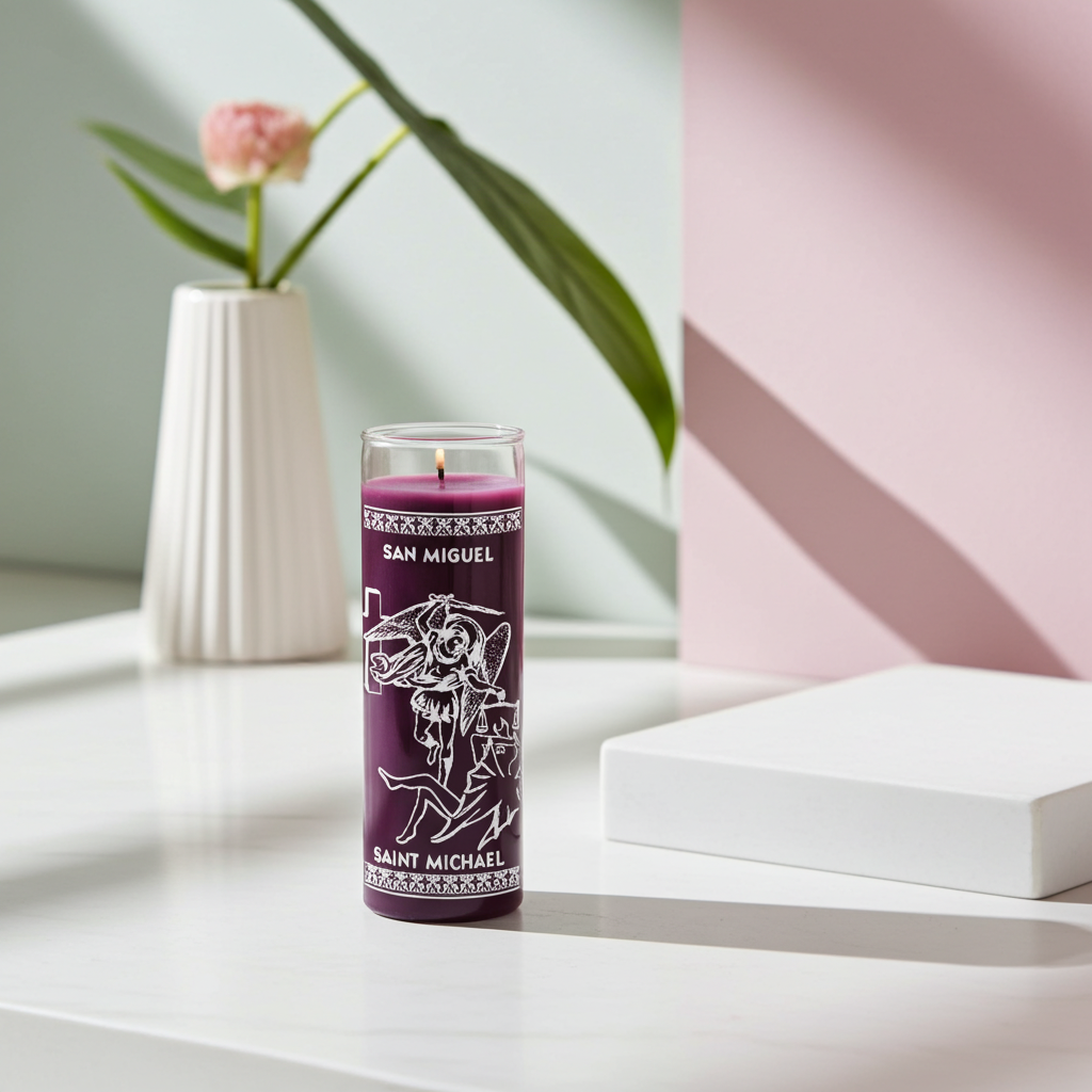 Saint Michael purple 7-day candle for luck, protection, and spiritual power work.