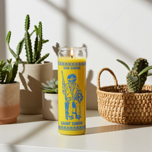 Saint Simon yellow 7-day candle glass prayer candle for boosting energy, positivity, and devotional practice.