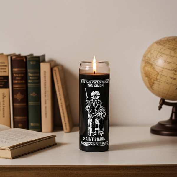 Saint Simon Black 7-Day Candle glass prayer candle for peace, tranquility, and spiritual devotion.
