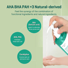 Salicylic Acid Body Wash packaging showing AHA, BHA, PHA and eucalyptus ingredients on green background.