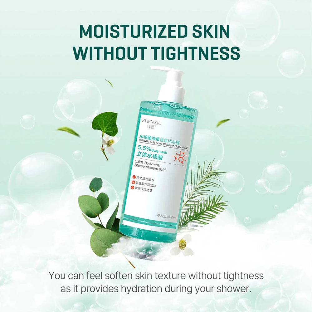 Salicylic Acid Body Wash skincare product with natural botanical leaves on light green background.