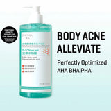 Salicylic Acid Body Wash bottle with label and ingredient details on light blue background.