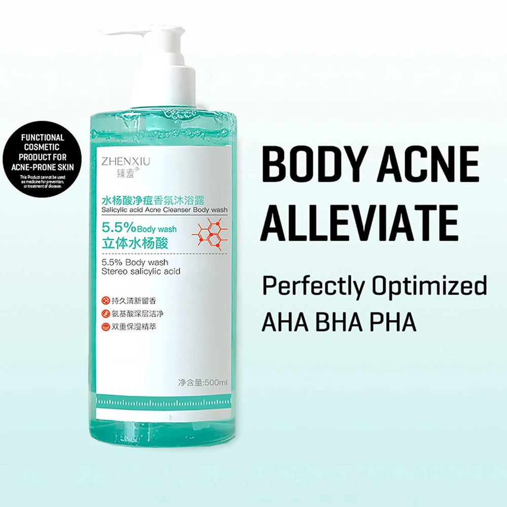 Salicylic Acid Body Wash bottle with label and ingredient details on light blue background.