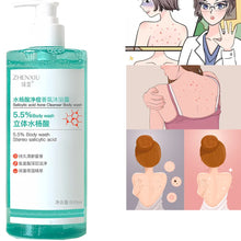 Salicylic Acid Body Wash 16.9 oz bottle with cartoon illustrations of skin issues for acne-prone skin cleansing.