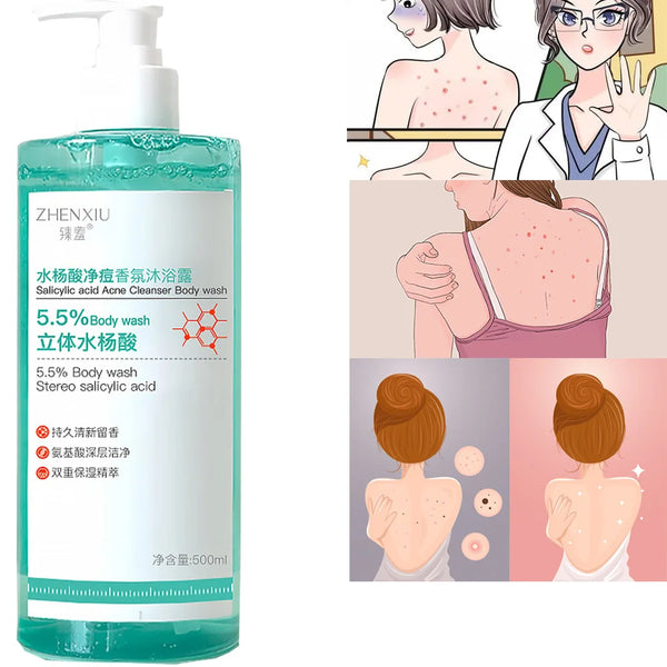 Salicylic Acid Body Wash 16.9 oz bottle with cartoon illustrations of skin issues for acne-prone skin cleansing.