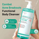 Salicylic Acid Body Wash bottle held by hand with text about fighting body acne and breakouts.