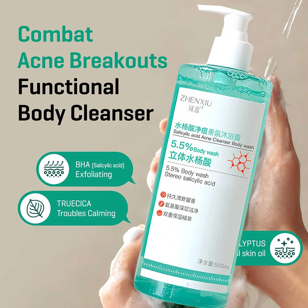 Salicylic Acid Body Wash bottle held by hand with text about fighting body acne and breakouts.