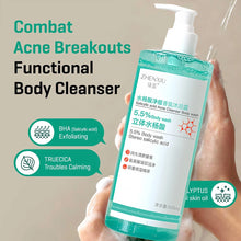 Salicylic Acid Body Wash bottle held by hand with text about fighting body acne and breakouts.