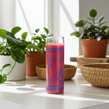 San Raphael Pink prayer candle in glass for promoting peace, inner balance, and joy during prayer and devotional use.