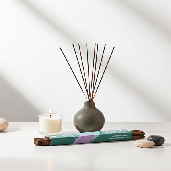 Triloka Sandalwood Lavender Blend incense sticks for yoga practice, stress relief, and peaceful room ambiance.