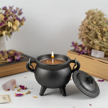 Sandalwood Smudge Candle cast iron cauldron candle for altar rituals, energy cleansing, and spiritual practice.