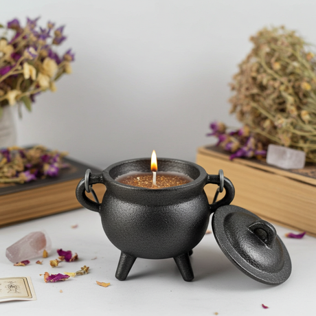 Sandalwood Smudge Candle cast iron cauldron candle for altar rituals, energy cleansing, and spiritual practice.