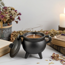 Sandalwood Smudge Candle in cast iron cauldron for spiritual cleansing, meditation, and ritual use.