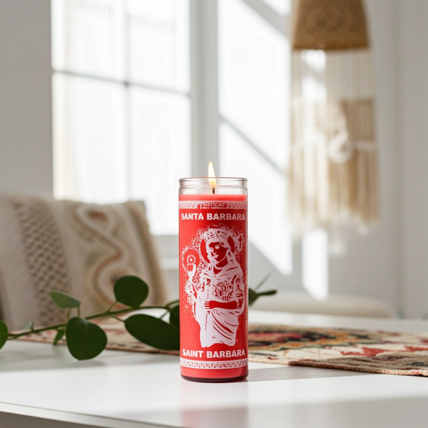 Santa Barbara Red 7-Day Candle glass prayer candle for devotion, spiritual rituals, and altar use.