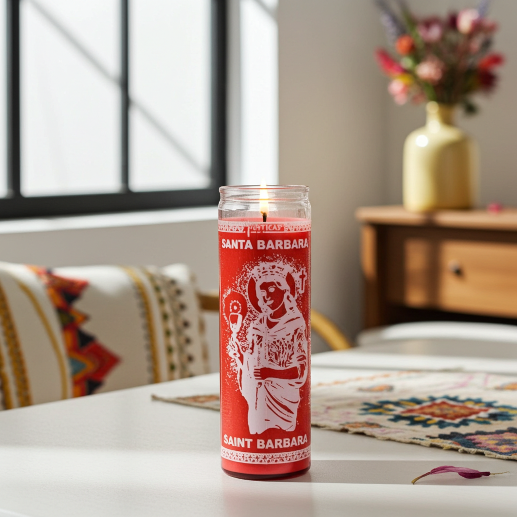 Santa Barbara red prayer candle in glass for prayer, protection work, and devotional practice.