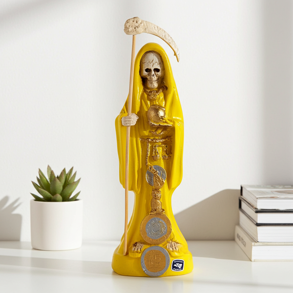 Santa Muerte undressed 8 inch yellow statue for altar display, prayer, and devotional use.