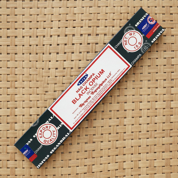 Satya Black Opium Incense Sticks for evening relaxation, meditation, and intimate home ambiance.