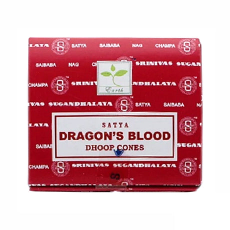 Satya Dragon's Blood Dhoop Cones with sandalwood, patchouli, and amber fragrance.