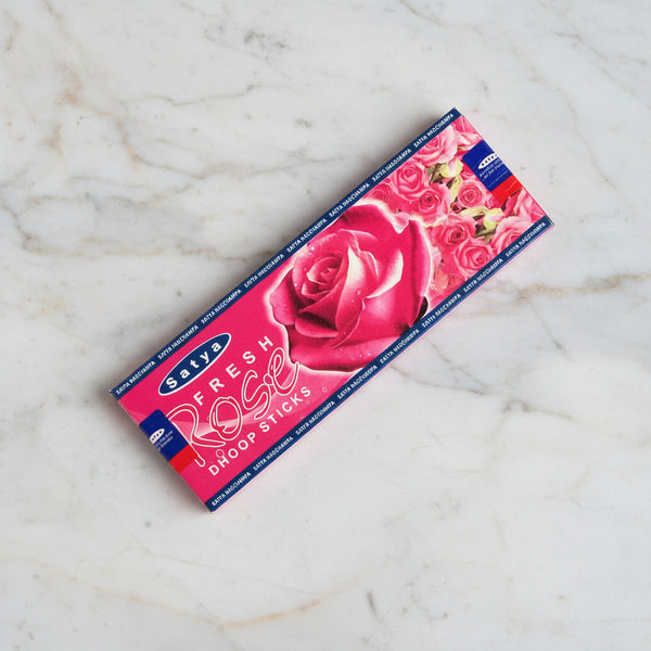 Satya Fresh Rose Dhoop Incense Sticks with ceramic burner