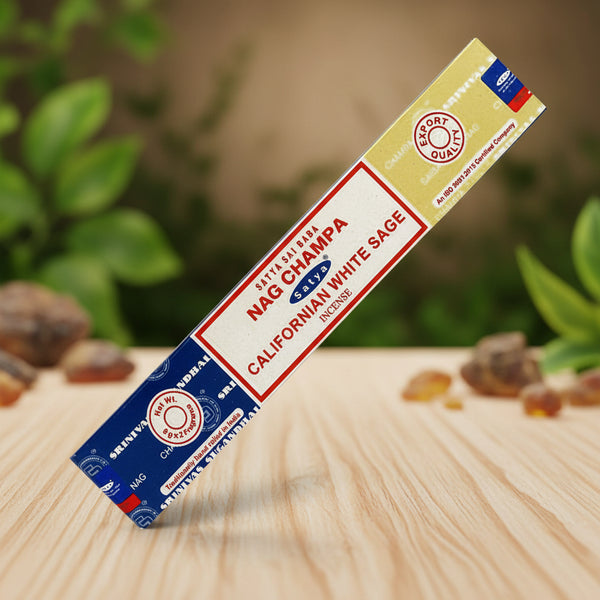Satya Nag Champa California White Sage Incense Sticks for cleansing, meditation, and sacred space.