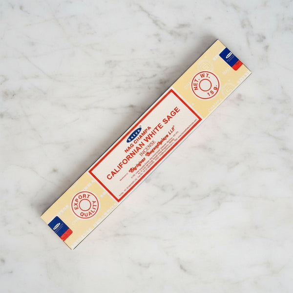 Satya Nag Champa California White Sage Incense Sticks for space cleansing, purification, and meditation.