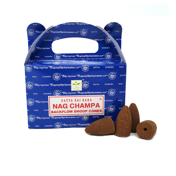 Satya Nag Champa Dhoop Backflow Cones with cascading smoke for meditation.