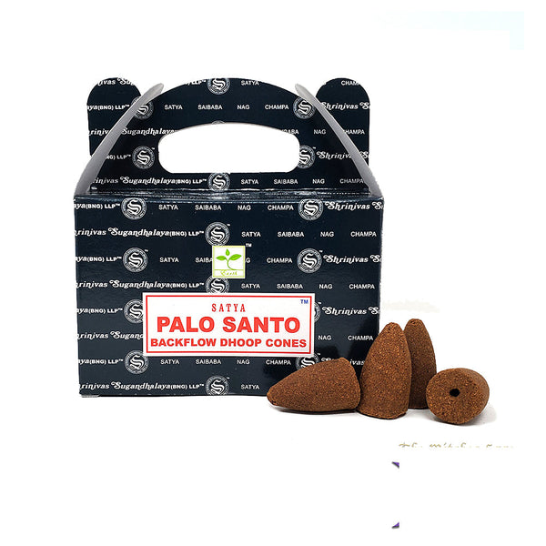 Satya Palo Santo Dhoop Backflow Cones with cascading smoke for energy cleansing.