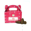 Satya Rose Dhoop Backflow Cones with cascading smoke and rose fragrance.