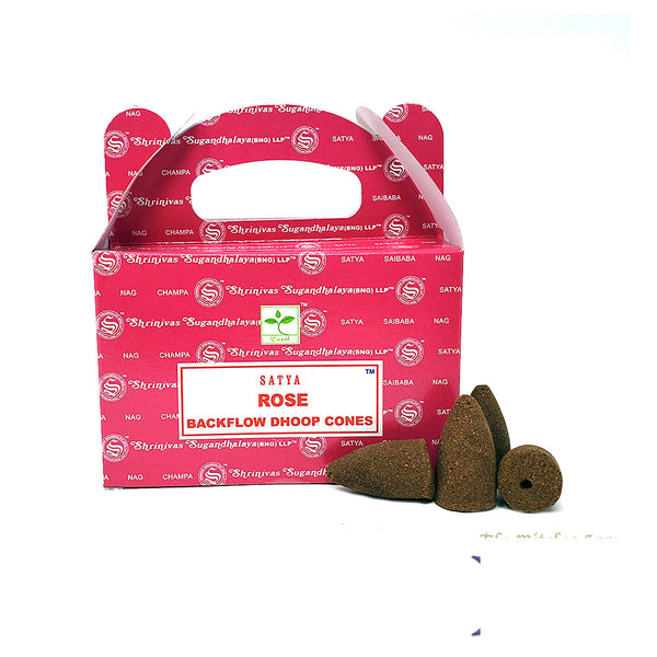 Satya Rose Dhoop Backflow Cones with cascading smoke and rose fragrance.